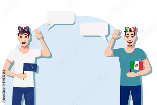 Vector illustration of people speaking the languages of the European Union and Mexico. Illustration of translation, transcription and dialogue between the European Union and Mexico.