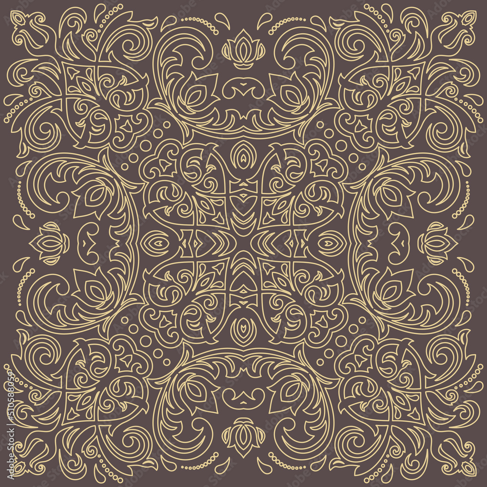 Oriental vector ornament with arabesques and floral elements. Traditional classic brown and yellow ornament. Vintage pattern with arabesques