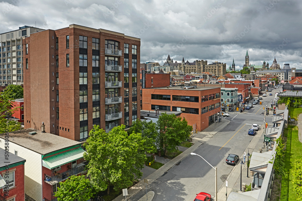 Aerial view of the skyline and cityscape of Ottawa, Ontario, Canada