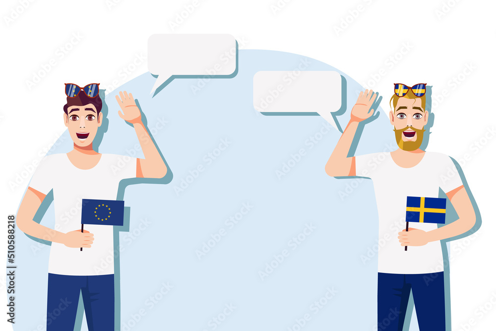 Men with European and Swedish flags. Background for text. Communication between native speakers of the European Union and Sweden. Vector illustration. Men with European and Swedish flags. Background for text. Communication between native speakers of the European Union and Sweden. Vector illustration.