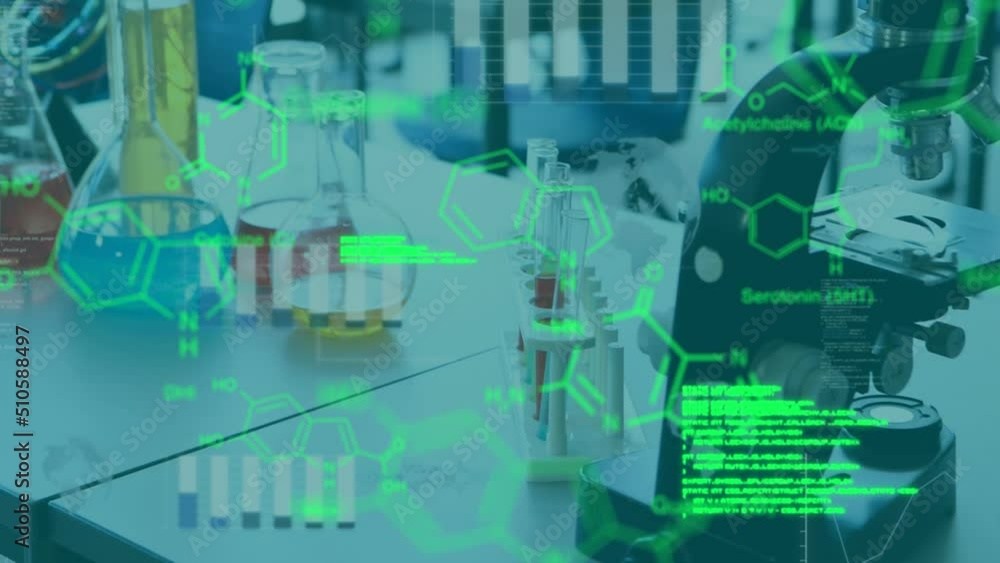 Animation of data processing and chemical formula over lab