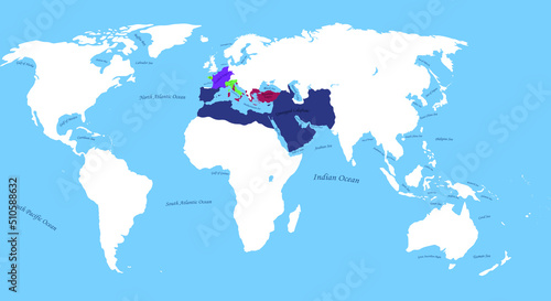 Umayyad Caliphate, Byzantine Empire, Frankish Empire, Kingdom of Lombardy, Kingdom of Britanny Map in one world map  photo