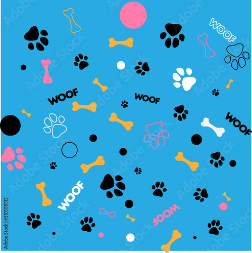Pets paw pattern. Bones and animal footsteps, woof