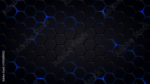 Abstract Futuristic background with hexagons . dark sci-fi hi-tech wallpaper with blue lights .