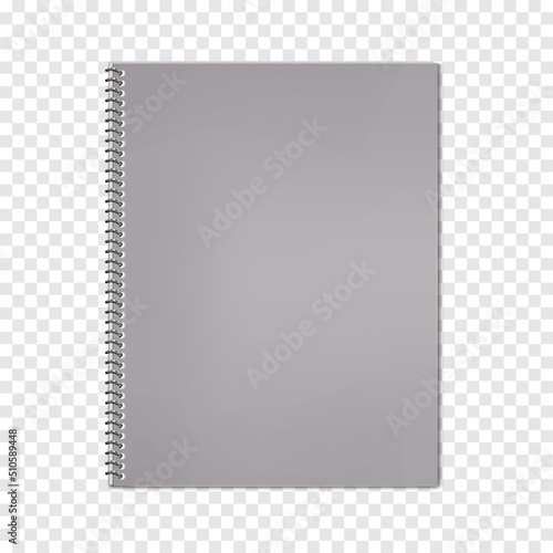 Wire bound closed notebook on transparent background, realistic vector mockup. Metal spiral notepad, mock-up. Blank diary cover, template