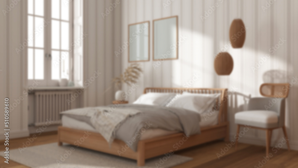 Blurred background, scandinavian wooden bedroom, frame mockup, double bed with pillows, duvet and blanket, striped wallpaper, carpet, parquet and window. Modern interior design Blurred background, scandinavian wooden bedroom, frame mockup, double bed with pillows, duvet and blanket, striped wallpaper, carpet, parquet and window. Modern interior design