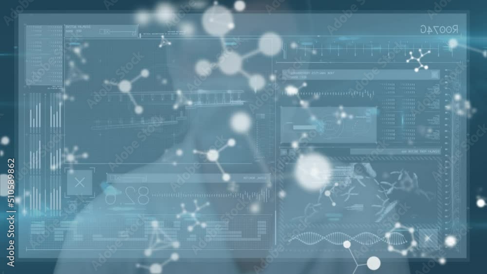 Animation of science data processing over doctor wearing mask Animation of science data processing over doctor wearing mask
