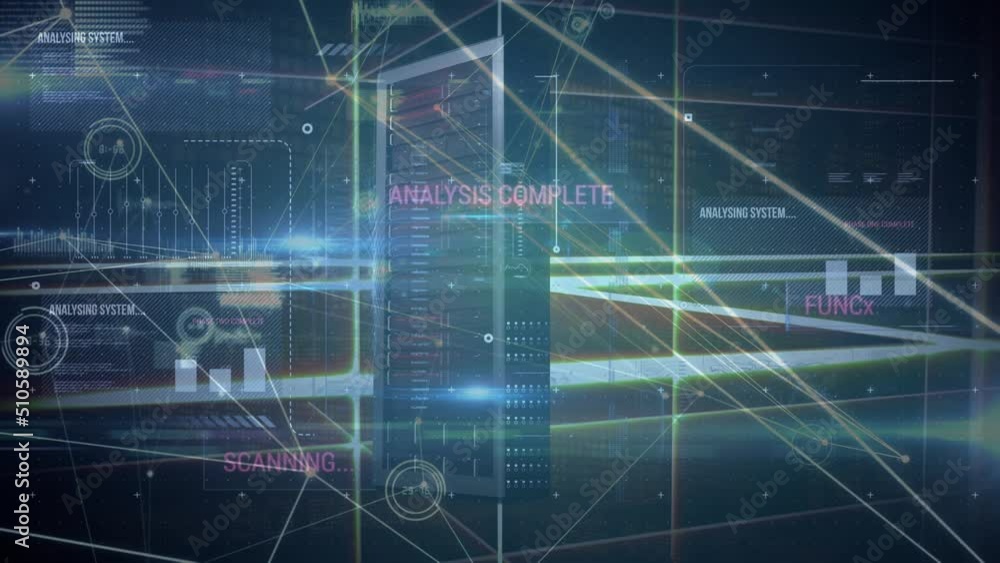 Animation of network of connections with data processing over cityscape Animation of network of connections with data processing over cityscape