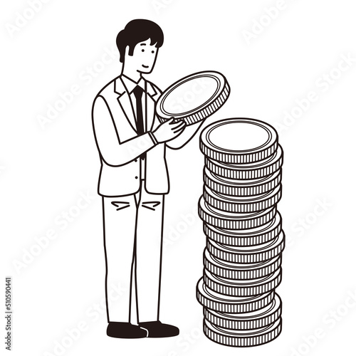 お金を積み立てる男性のシンプルなイラスト
