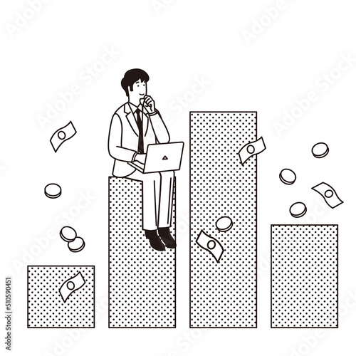 グラフとお金とシンプルな男性のイラスト
