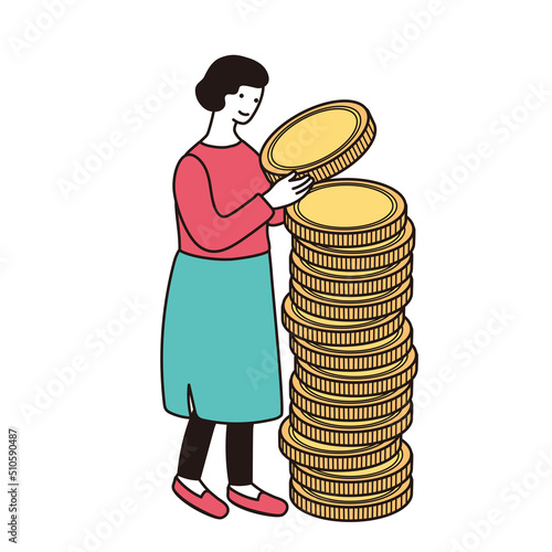 お金を積み立てる女性のシンプルなイラスト