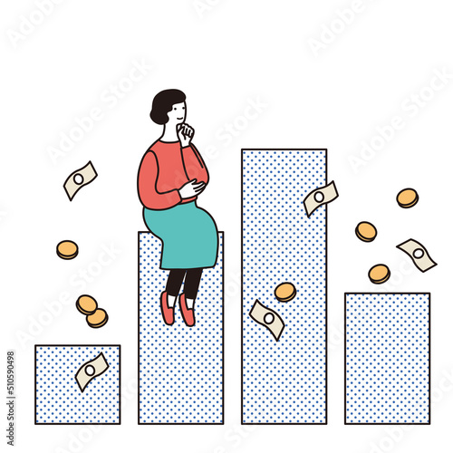 グラフとお金とシンプルな女性のイラスト