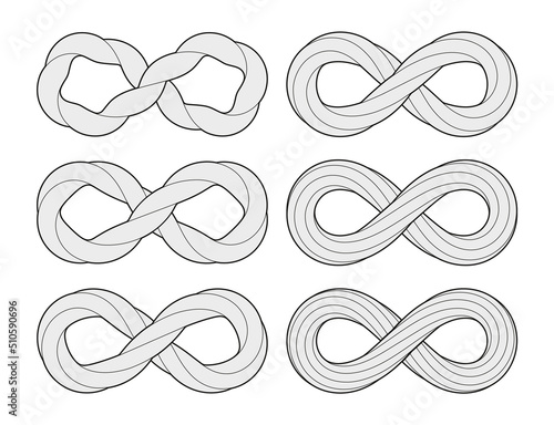 Set of Infinity signs from different types of twisted rods. Vector illustration with editable outlines.