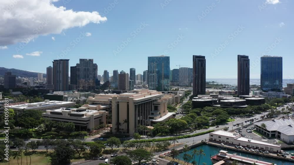 Wide panning aerial shot of downtown Honolulu in Hawaii. 4K Wide panning aerial shot of downtown Honolulu in Hawaii. 4K