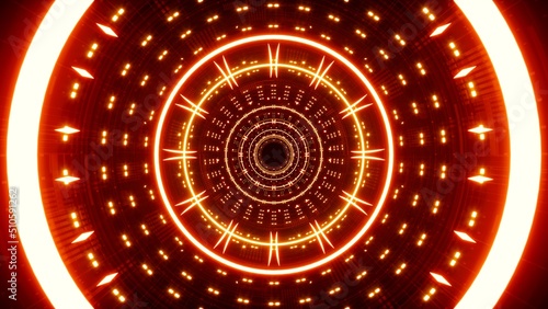Red VJ concept tunnel with repeating lights in multiple circular and dot patterns