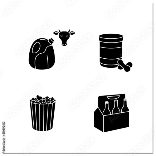 Packing foods glyph icons set. Beer, cow milk, popcorn, peanut butter jar. Protection, tampering resistance from bacteria. Meal concept.Filled flat signs. Isolated silhouette vector illustrations