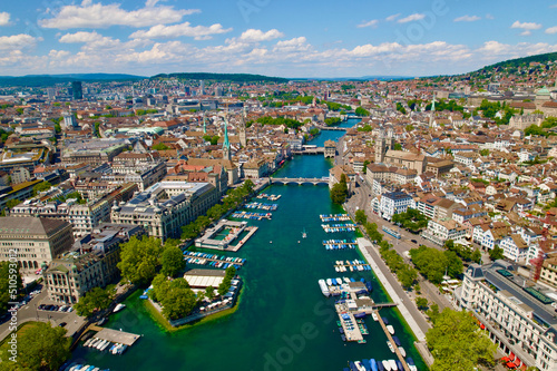 Fototapeta Naklejka Na Ścianę i Meble -  Aerial view of City of Zürich with Lake Zürich, River Limmat and the medieval old town on a sunny spring day. Photo taken May 30th, 2022, Zurich, Switzerland.