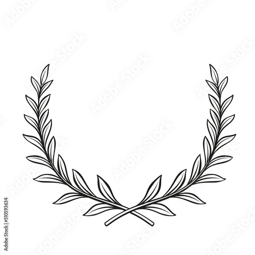 Laurel wreath, outline icon. First place winner, award, laurus. Drawn monochrome frame of triumph first place simple vintage engraving style. Vector illustration.