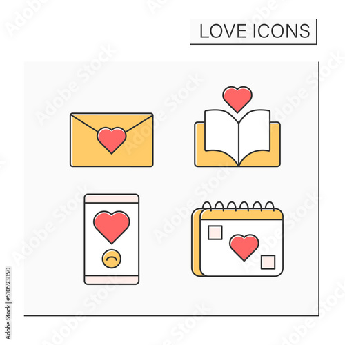 Love color icons set. Love letter, romantic book, notification and calendar. Relationship concept. Isolated vector illustrations photo