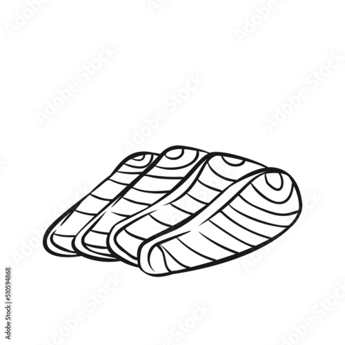 Slices salmon fillet outline vector icon. Drawn monochrome pieces raw red fish or trout