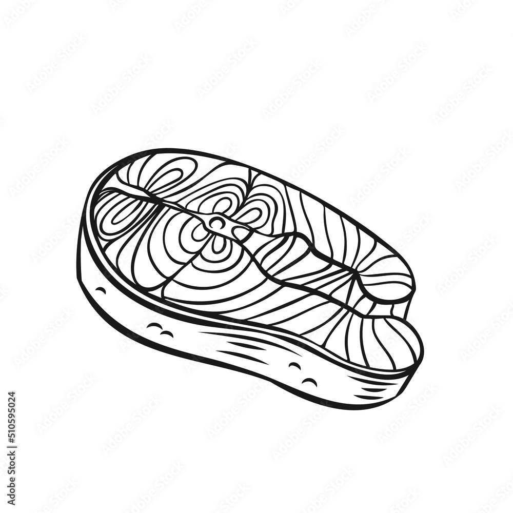 Salmon fillet slice steak outline vector icon. Drawn monochrome fish seafood fillet, trout fresh steak or red fish. Salmon fillet slice steak outline vector icon. Drawn monochrome fish seafood fillet, trout fresh steak or red fish.