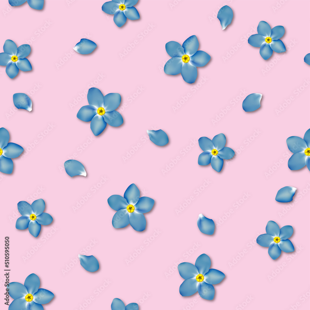 Blue flowers on pink background. Seamless vector floral pattern
