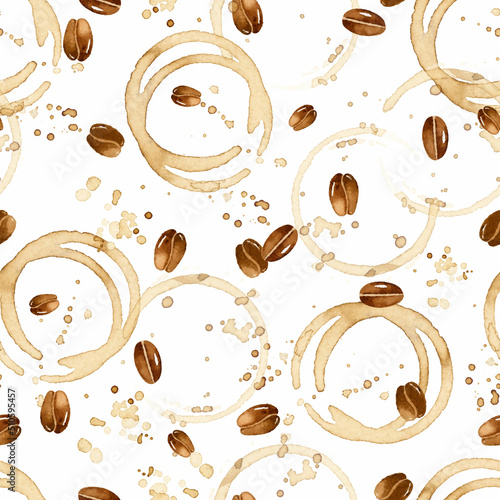 Coffee stains with coffee beans watercolor seamless pattern