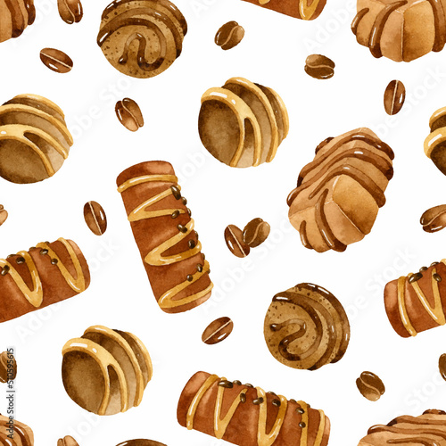 Chocolate candies with topping and coffee beans watercolor seamless pattern	 