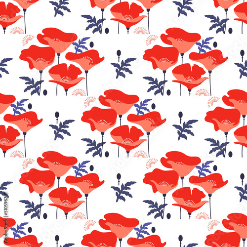Red flowers on white background. Seamless pattern with poppies. Vector.