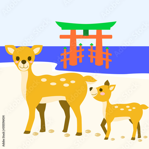 かわいい鹿のイラスト　宮島　一枚絵