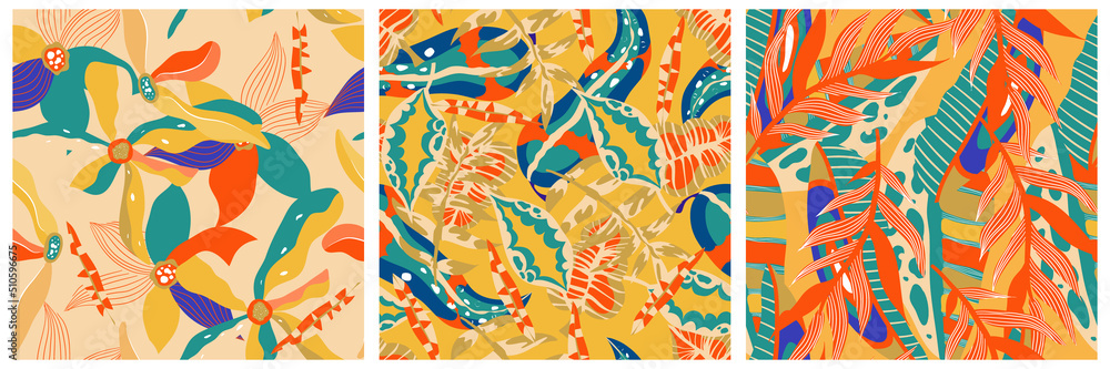 Aesthetic boho jungle seamless pattern set for print design. Boho botanical collection tropic floral background. Modern exotic floral jungle pattern. Geometric texture. Print design Aesthetic boho jungle seamless pattern set for print design. Boho botanical collection tropic floral background. Modern exotic floral jungle pattern. Geometric texture. Print design