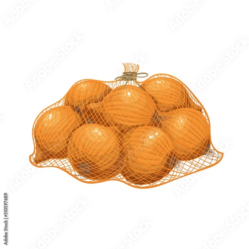 Onions packed in net bag, vector illustration. Harvest of onion vegetables, farm product.