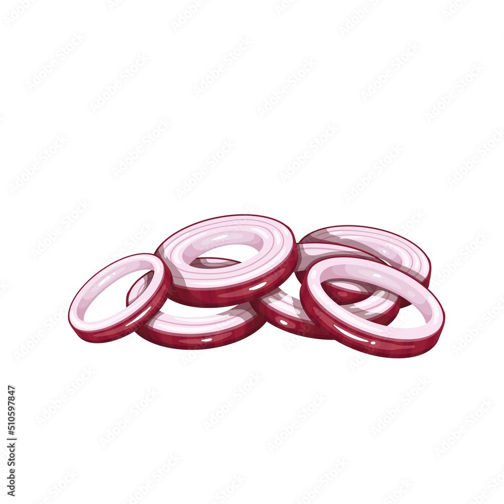 Rings of red onion bulb flat color vector objects isolated. Onion for cooking cartoon style illustration