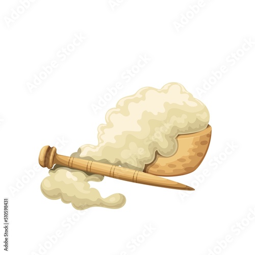 Heap of clean wool with wooden spindle vector illustration.