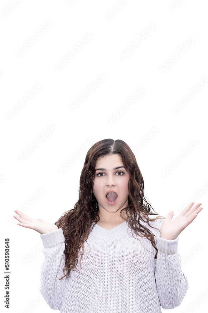astonished young brunette woman on white background astonished young brunette woman on white background