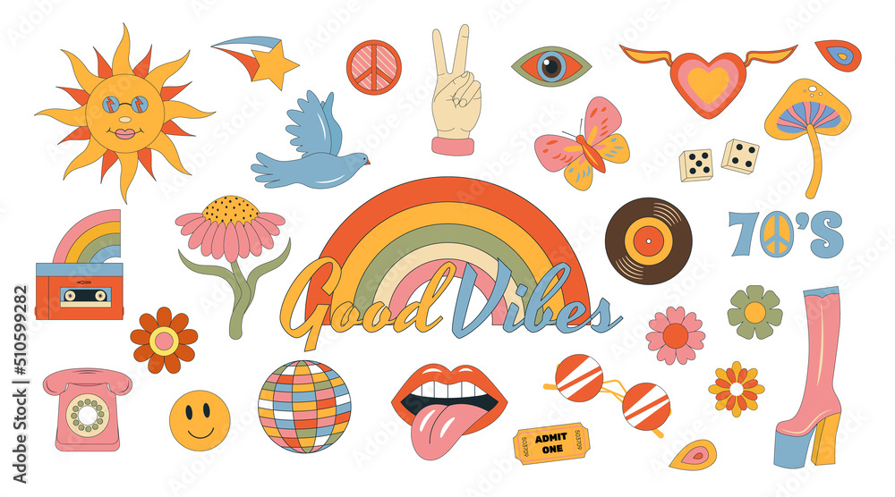 Collections hippie retro groovy elements 70s-80s style. Vintage daisy flowers, mushroom, peace signs, lips, rainbow, vinyl plate. Good vibes decorative cartoon symbols isolated on white background