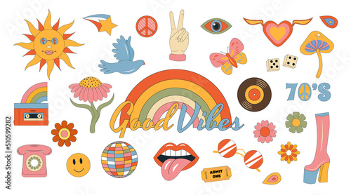 Collections hippie retro groovy elements 70s-80s style. Vintage daisy flowers, mushroom, peace signs, lips, rainbow, vinyl plate. Good vibes decorative cartoon symbols isolated on white background