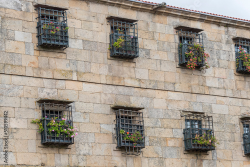 San Pelayo Monastery facade detail in Quintana square, Santiago de Compostela, Spain photo