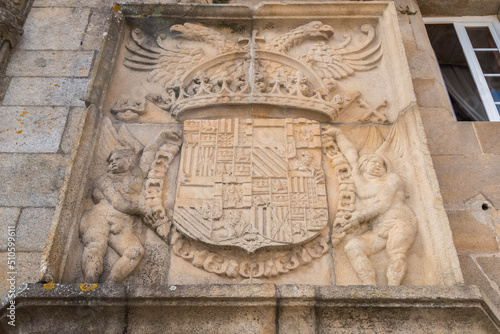 Entrance to the Parador Hostal de los Reyes Catolicos in Plaza del Obradoiro, Santiago de Compostela, Spain