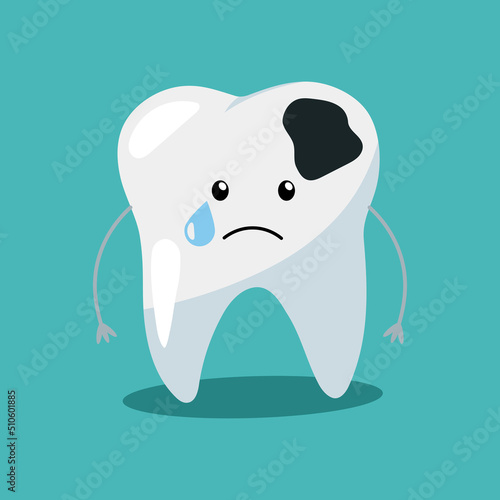 Cute tooth characters feel bad in flat style. unhealthy teeth plaque and caries hole.
