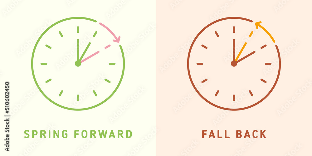. Set of clocks with text fall back, spring forward.