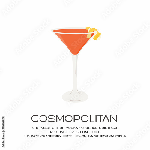 Cosmopolitan Cocktail in martini glass garnished with lemon twist. Summer aperitif recipe retro minimalist square print. Menu card with alcoholic beverage on white background. Vector illustration.