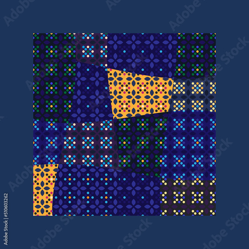Colorful background abstract dots pattern patchwork scarf design. Spring summer season textile fashion accessories template. Square shawl, bandana quilt fabric print. Blue, violet, green color palette