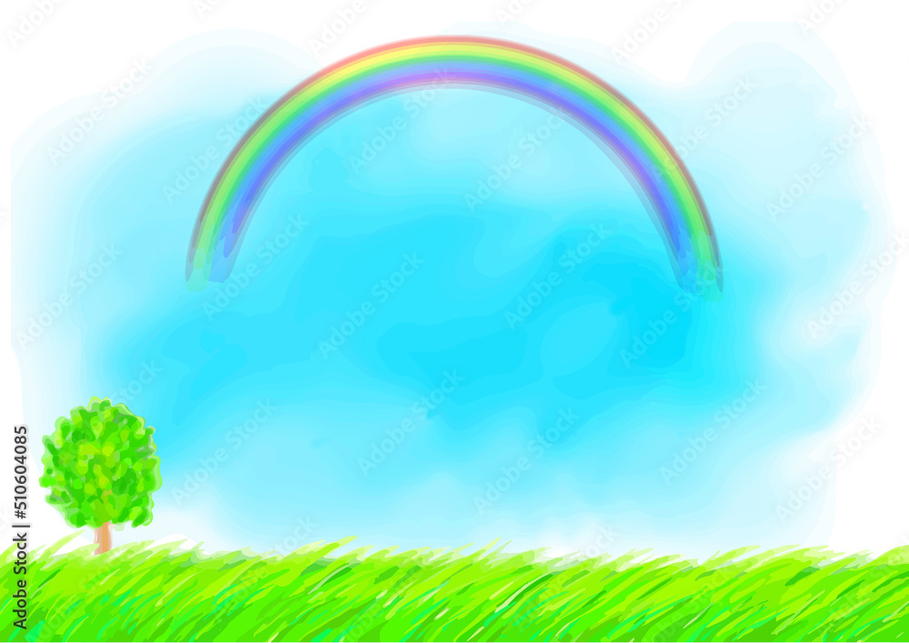 watercolor sky and rainbow and a tree illustration, layered