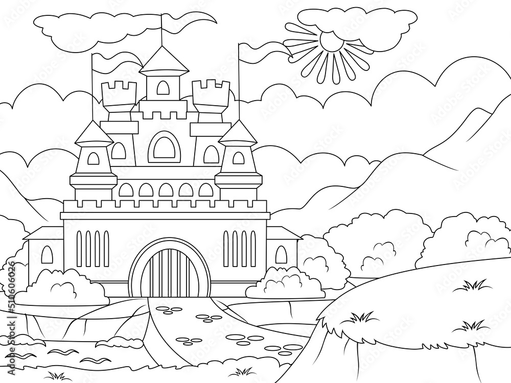 Old castle. Page outline of cartoon. Raster illustration, coloring book for kids.