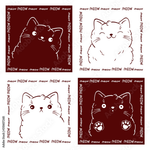 Cute square card with kitty in kawaii style. Lovely cats with different emotion. Inscription Meow meow. Can be used for t-shirt print, stickers, greeting card design. Vector illustration EPS8