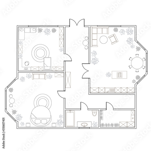 Abstract plan of two-bedroom apartment, with kitchen, bathroom, bedroom, living room. Vector illustration EPS8