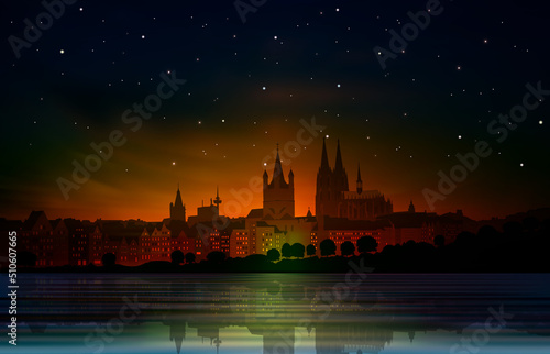 abstract background with red sunset and panorama of old Cologne