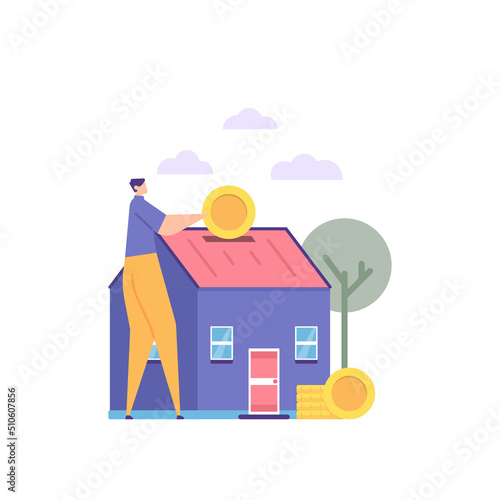 investment business, home investment, saving to buy a house. property or real estate business. a businessman keeps money in a house or building. finance. flat cartoon illustration. concept