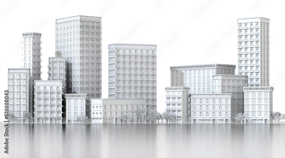 Beautiful city street  with periodic style buildings. 3D rendering illustration